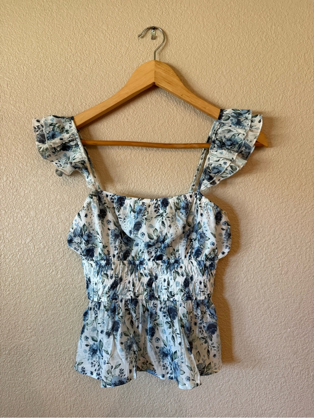 miami White Floral Smocked Ruffle Tank with Blue Blooms